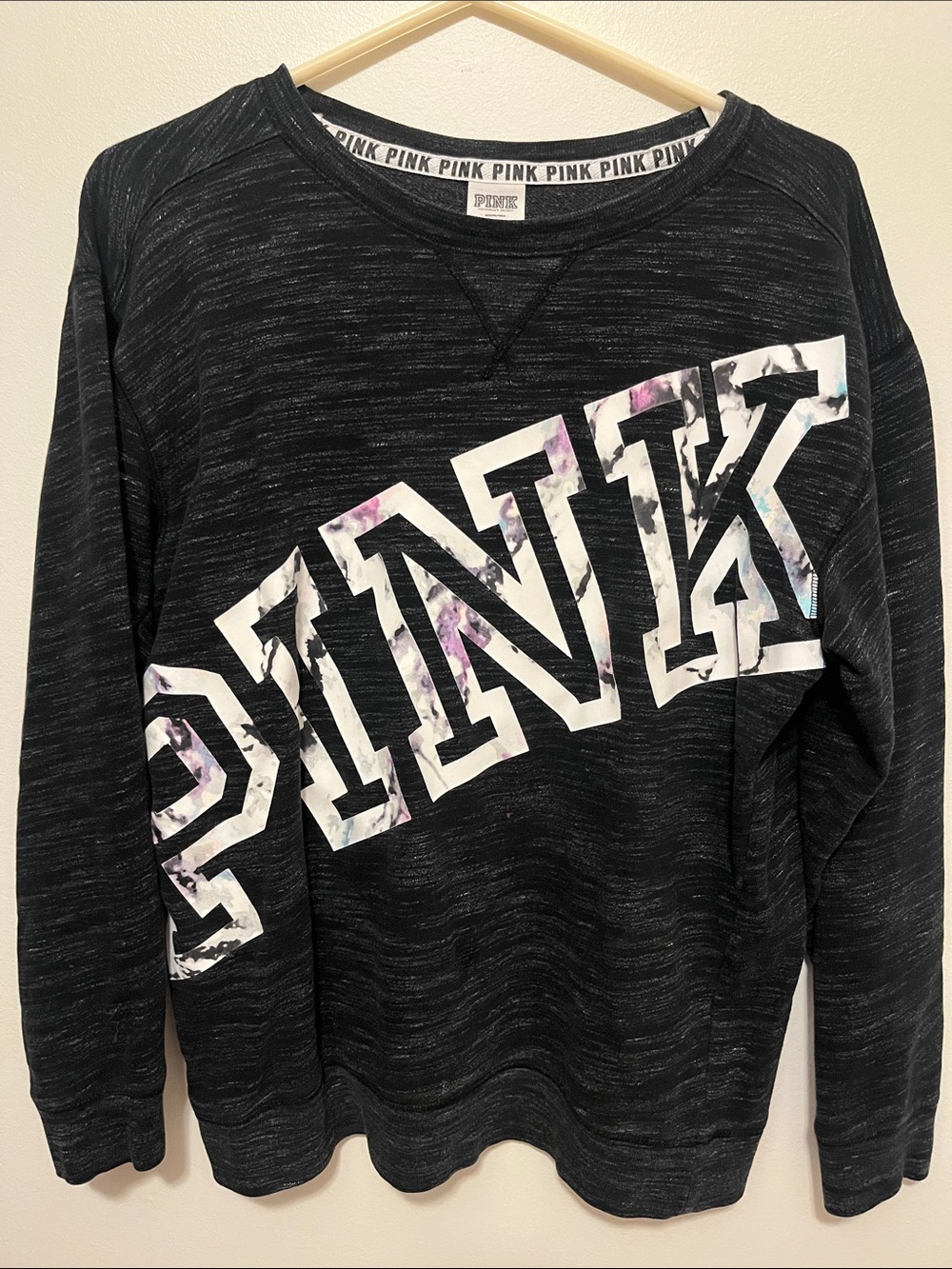 PINK Victoria's Secret Black Marled Crewneck with Floral Logo
